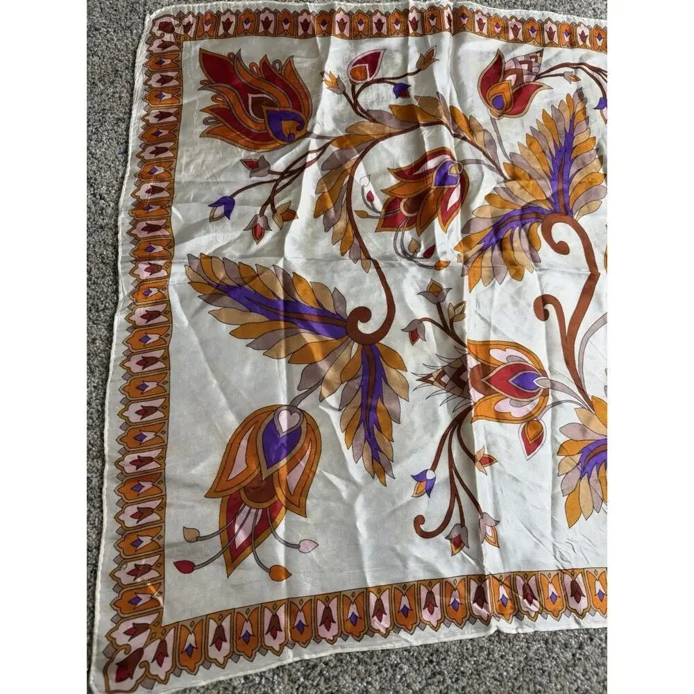 Galla Vintage Regal Satin Square Scarf Lightweight Floral Leaves Orange Purple